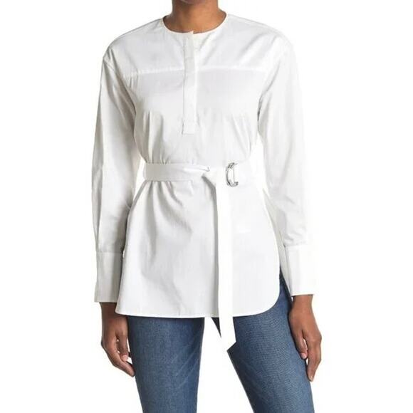 La Ligne Tops - La Ligne White Cotton Tunic Top XS Long Sleeve Minimalist Shirt **Belt Missing**